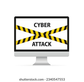 Cyber attack computer with tape. Computer screen with warning tape. Cybercrime. Vector illustration