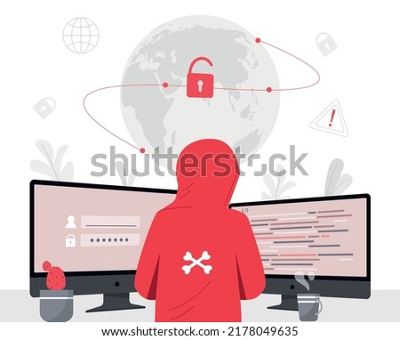 Cyber attack concept. Hacker at computer bypasses security system, steals money and personal data. Hacking account, selecting login and password. Internet scammer. Cartoon flat vector illustration