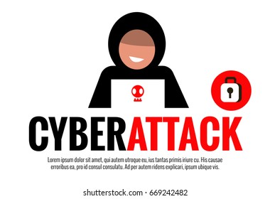 Cyber Attack concept. Hacker with laptop. Flat character design. vector illustration