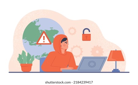 Cyber attack concept. Hacker sitting at laptop, danger on Internet and scammer online. Character hacks email and steals personal data. Web security and safety. Cartoon flat vector illustration
