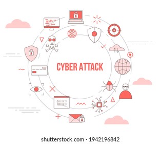 cyber attack concept with icon set template banner with modern orange color style and circle round shape