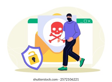 Cyber attack concept. Man in mask near envelope with skull. Phishing and spam. Danger on Internet and theft of personal data. Computer virus. Hacking by email. Flat vector illustration