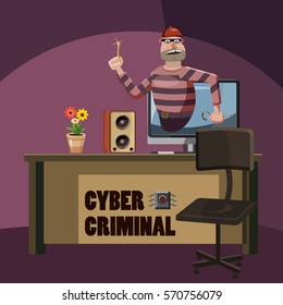 Cyber attack criminal spy concept. Cartoon illustration of cyber attack criminal spy vector concept for web