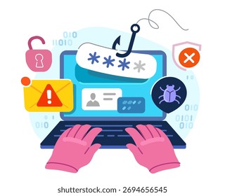 Ataque cibernético, violação de dados, crime na internet e roubo de informações. Phishing, crime cibernético. Hacker roubando dados confidenciais