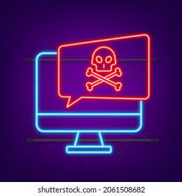 Ataque cibernético. Suplantación de datos con anzuelo de pesca, laptop, seguridad de internet. Icono de Neon. Ilustración de material vectorial