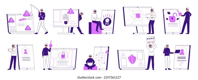 Cyber attack, database hacking and phishing, internet criminals. Online cyber crime, hacker characters steal personal data flat vector illustration set. Cybercrime scenes