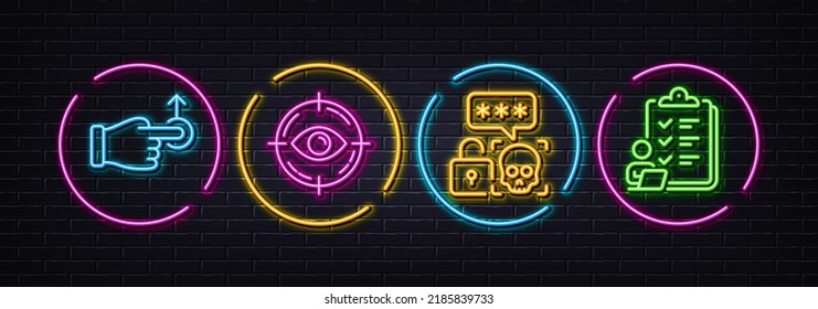 Cyber attack, Drag drop and Eye target minimal line icons. Neon laser 3d lights. Checklist icons. For web, application, printing. Password hacking, Move, Optometry. Questioning clipboard. Vector