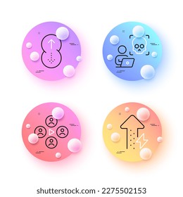 Ciberataque, crecimiento de energía y Subir iconos de línea mínima. botones de esferas o bolas 3d. Iconos de videoconferencia. Para web, aplicación, impresión. Riesgo de ransomware, uso de energía, página de desplazamiento. Vector