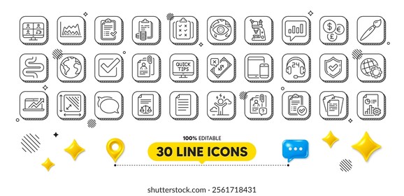 Cyber attack, File and Web tutorials line icons pack. 3d design elements. Approved checklist, Analytical chat, Microscope web icon. Brush, Rule, Mobile devices pictogram. Vector