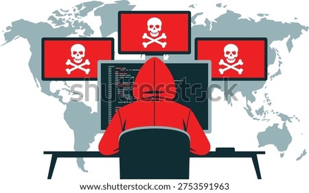 Cyber attack hacker malware warning concept anonymous hacker with computer screens showing skull alert cybersecurity threat vector illustration