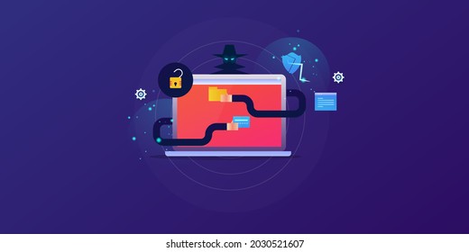 Cyber attack, hacker stealing confidential information, identity theft, Internet security breach by hacker, phishing attack - vector illustration with icons