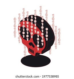 Cyber attack icon with binary code and red and black skull vector illustration