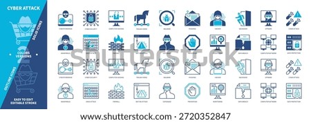 Cyber Attack icon set. Espionage, Trojan Horse, Data Breach, Firewall, Computer Hacking, Prevention, Malware, Backdoor. Duotone color solid and editable outline icons