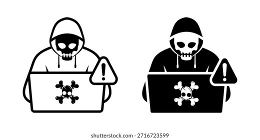 Symbolsatz für Cyberangriffe. Einfache Hacker mit Laptop mit Totenkopf-Maske und Warnzeichen-Symbol. Vektorgrafik auf weißem Hintergrund.