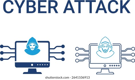 Cyber attack icons, Line art icons Including cloud computing, IT manager, big data, data analytics, internet, network security, and more. Solid vector icons collection