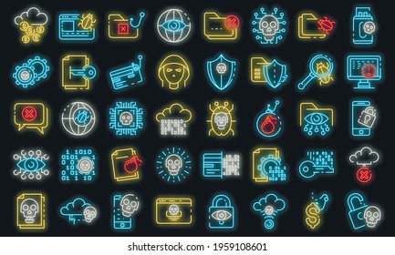 Cyber Attack Icons Set. Outline Set Of Cyber Attack Vector Icons Neon Color On Black