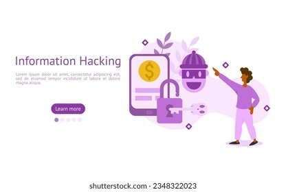 ilustración de ciberataques. los personajes están mirando la información Hacking from Mobile de hackers. el concepto de ciberataque y robo de datos. ilustración vectorial.