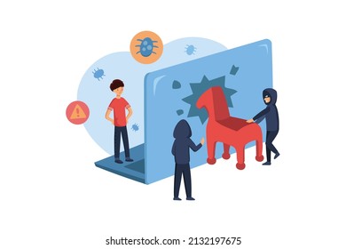 Concepto de ilustración de ciberataques. Ilustración plana aislada en fondo blanco.