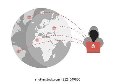 Cyber Attack illustration. The hacker hacks apps, websites, accounts. Vector in flat design