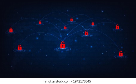 Cyber attack and Information leak concept.Padlock red open on world map network dark blue background.Network wide war concept.World internet security destroyed.