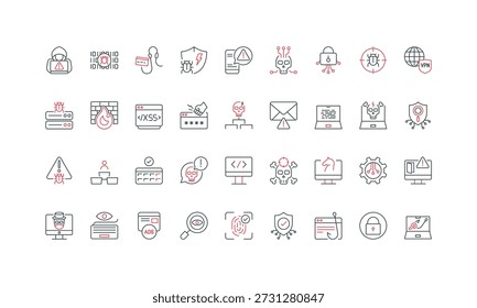 Ataque cibernético, estafa y fraude en Internet, spam en línea y conjunto de iconos de línea de envío. Caballo de troya y gusano, malware de hacker, ciberdelito, explotar delgados símbolos de contorno negro y rojo Ilustración vectorial