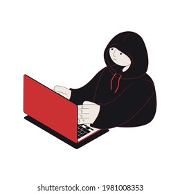 Cyber attack isometric icon with hacker and laptop 3d vector illustration