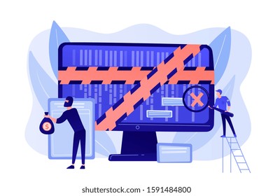 Cyber Attack. Law Enforcement. Criminal Stealing Money Online. Computer Forensics, Digital Forensic Science, Computer Crime Investigation Concept. Pink Coral Blue Vector Isolated Illustration