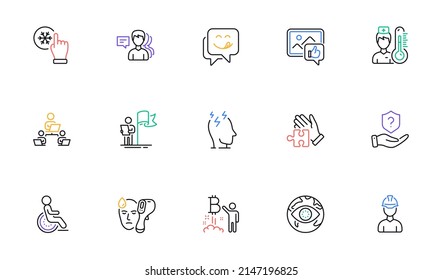 Cyber attack, Like photo and Foreman line icons for website, printing. Collection of Puzzle, Stress, Disability icons. Freezing click, Protection shield, Thermometer web elements. Vector