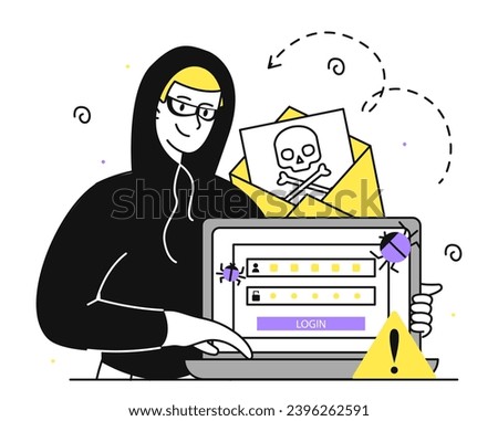 Cyber attack line concept. Hacker in black hood steal personal data. Young guy get access for pc and laptop. Criminal on internet. Linear flat vector illustration isolated on white background