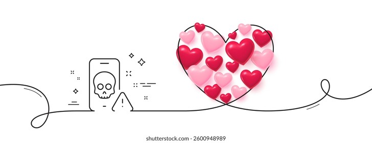 Cyber attack line icon. Continuous line big heart. Ransomware threat sign. Phone hacking symbol. 3d hearts in heart shaped loop. Cyber attack single line ribbon. Loop curve pattern. Vector