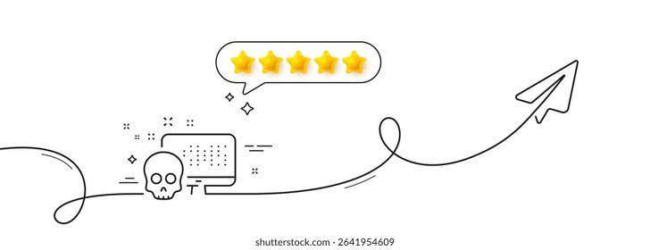 Cyber attack line icon. Continuous line with share plane. Ransomware threat sign. Computer phishing virus symbol. Five star rate review in speech bubble. Cyber attack single line ribbon. Vector