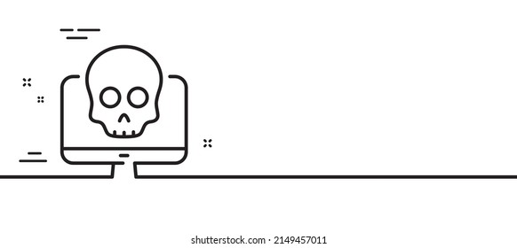 Icono de la línea de ataque cibernético. Signo de amenaza de Ransomware. Símbolo del virus de phishing del equipo. Fondo mínimo de la ilustración de línea. Banner de patrón de icono de línea de ataque cibernético. Concepto de plantilla web blanca. Vector