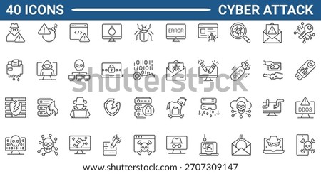 Cyber attack line icon set.  Includes Hacking, Data Breach, Malware Attack, Ransomware, and Phishing. Editable stroke. Vector illustration