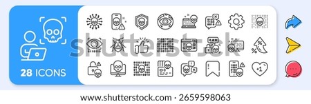 Cyber attack line icons. Interest rate, AI generate, Inflation icons. Phishing risk, Data ransomware, Binary code. Hacker attack, Virus secure, Malware bug outline icons. Vector