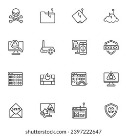 Cyber attack line icons set, outline vector symbol collection, linear style pictogram pack. Signs, logo illustration. Set includes icons as security system, computer virus, firewall, spam, scam