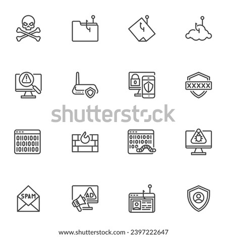 Cyber attack line icons set, outline vector symbol collection, linear style pictogram pack. Signs, logo illustration. Set includes icons as security system, computer virus, firewall, spam, scam