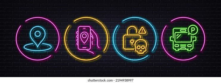 Cyber attack, Location app and Pin minimal line icons. Neon laser 3d lights. Bus parking icons. For web, application, printing. Data hacking, Smartphone navigation, Map point. Public park. Vector