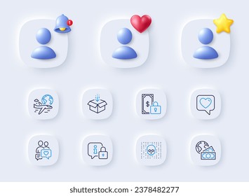 Cyber attack, Lock and Global business line icons. Placeholder with 3d bell, star, heart. Pack of Private payment, Dating chat, International flight icon. Get box, Heart pictogram. Vector