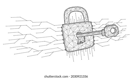 Cyber attack low poly art. Polygonal vector illustration of a key unlocks a lock.