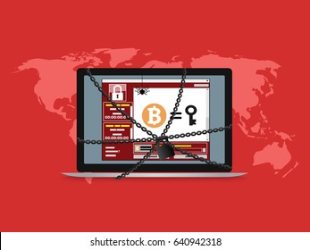 Cyber ataque malware wannacry ransowmare vírus arquivos criptografados e computador bloqueio. conceito de ilustração vetorial.