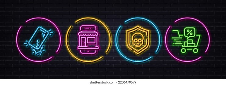 Cyber attack, Marketplace and Smartphone broken minimal line icons. Neon laser 3d lights. Discounts cart icons. For web, application, printing. Software protect, Online shop, Phone crack. Vector