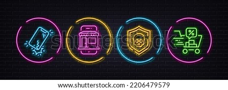 Cyber attack, Marketplace and Smartphone broken minimal line icons. Neon laser 3d lights. Discounts cart icons. For web, application, printing. Software protect, Online shop, Phone crack. Vector
