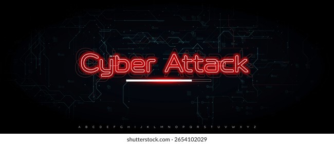 Cyber-Attacke Neon-Typografie mit Glitch-Effekt, dunkler digitaler Hintergrund. Futuristisch glühender Text, Bedrohungskonzept für Cybersecurity-Poster, IT-Blog, Datenschutz-Banner. Vektorgrafik