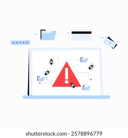 Cyber Attack On Laptop With Malware And Warning Sign In Flat Vector Illustration Symbolizing Data Breach, Online Security Threats, And Hacking Risks, Isolated On White Background