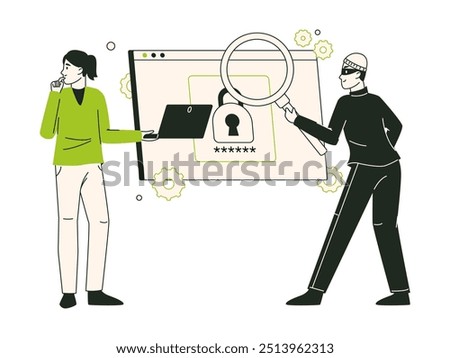 Cyber attack. Online cyber crime, database hacking and phishing, internet criminal, hacker character steal personal data flat vector illustration. Cybercrime scene