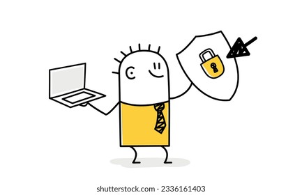 Cyber attack protection, guarding from internet hacker. Stick figure. Doodle style. Vector illustration.