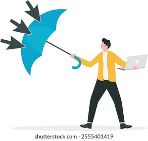 Cyber attack protection, guarding from internet hacker, computer security system or privacy firewall concept, strong businessman holding shield to protect from big mouse pointer to attack his computer