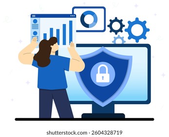 Cyber attack protection management concept. A woman secure business data growth and data management. Protect data from hacker. 