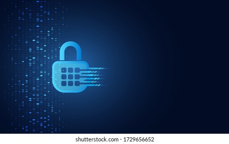 Concepto de privacidad de protección contra ataques cibernéticos. Ilustración vectorial de candado futurista. Protección contra ataques de virus. Sistema seguro antivirus global. Antecedentes de comunicación de alta tecnología.