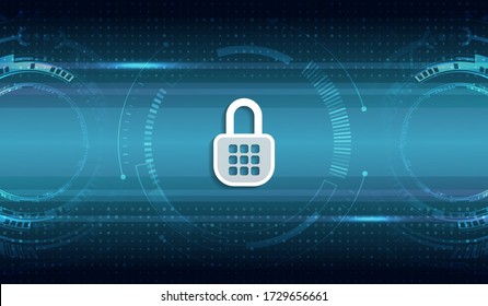 Cyber attack protection privacy concept. Protection from virus attack. Global antivirus secure system. Abstract blue background with various technology elements. Futuristic padlock vector illustration